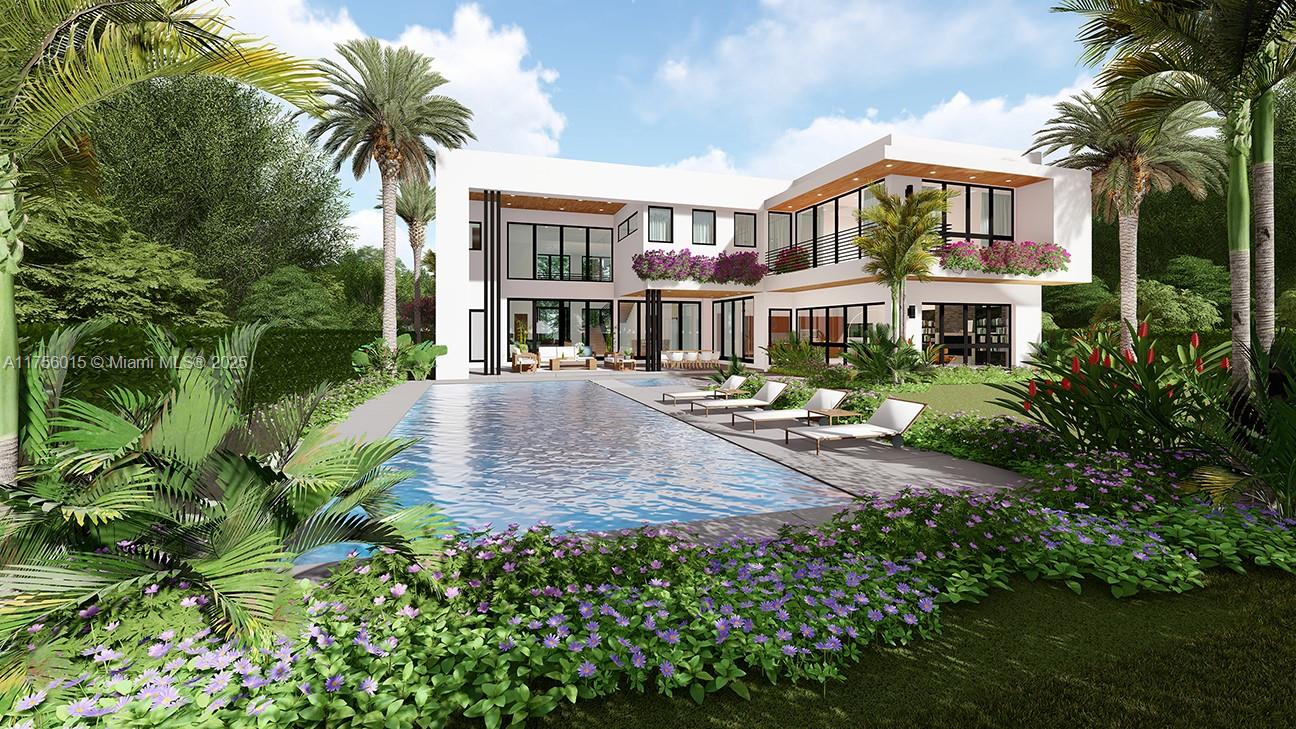 a front view of a residential apartment building with a yard and potted plants