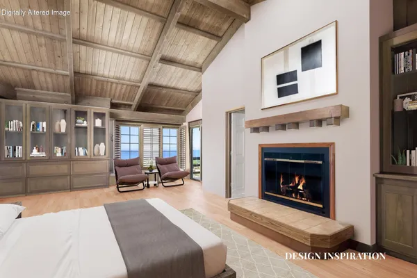 a living room with furniture large window and a fireplace