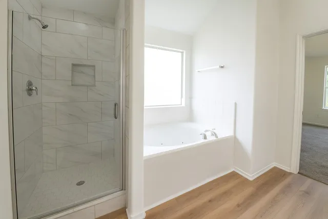a bathroom with a bathtub and shower