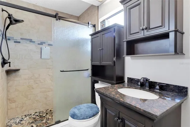a bathroom with a granite countertop sink toilet and shower