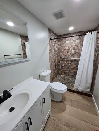 a bathroom with a sink a toilet and shower