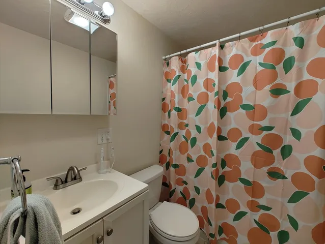 a bathroom with a sink and mirror with toilet