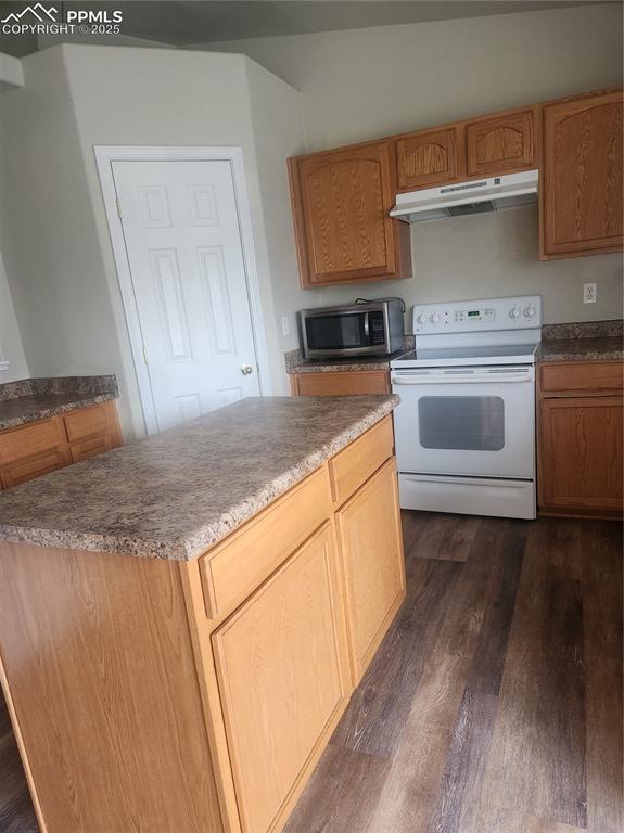 4806 Rusty Nail Point, Unit 202 Colorado Springs, CO 80916 - Photo 12 of 24 Kitchen featuring range, dark wood-type flooring, extractor fan, a kitchen island, and white microwave