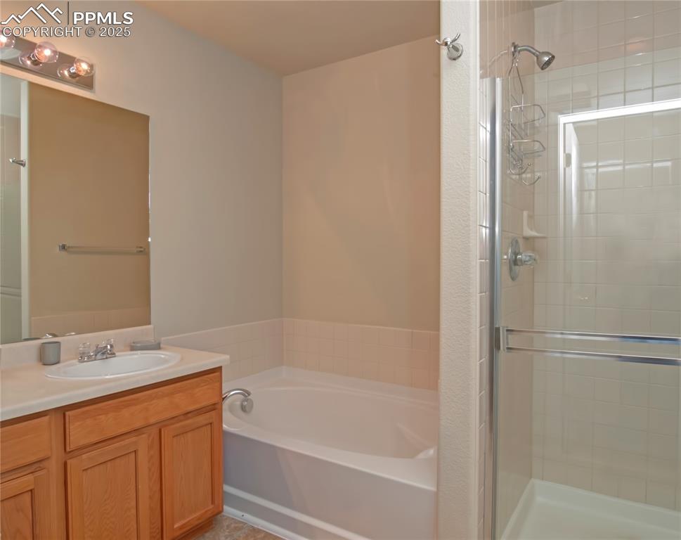 4806 Rusty Nail Point, Unit 202 Colorado Springs, CO 80916 - Photo 17 of 24 Bathroom with vanity, a stall shower, and a bath