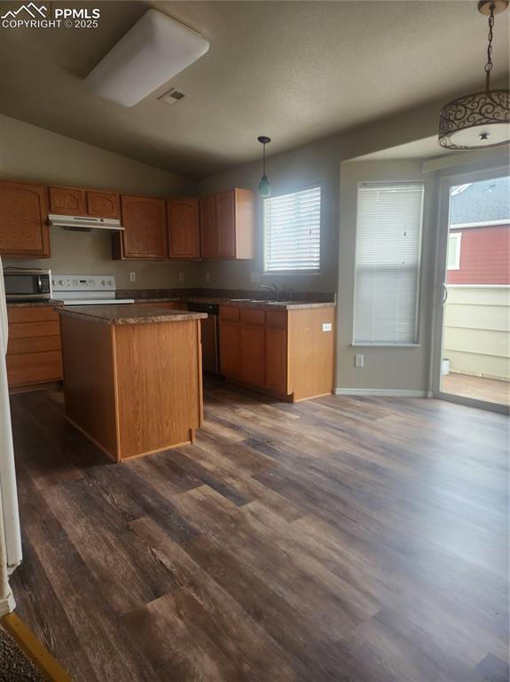 4806 Rusty Nail Point, Unit 202 Colorado Springs, CO 80916 - Photo 9 of 24 Kitchen featuring lofted ceiling, dark wood finished floors, a center island, stove, and hanging light fixtures