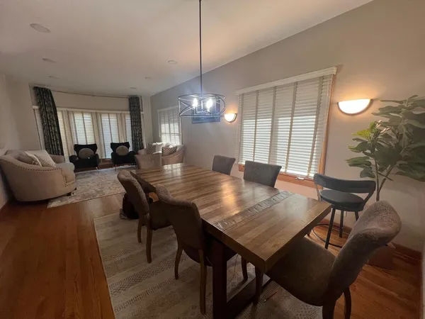 a view of a dining room with furniture