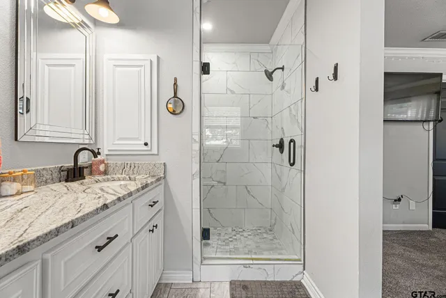 a bathroom with a granite countertop sink a mirror and shower