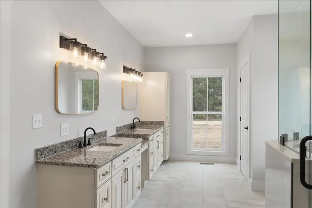 a bathroom with a double vanity sink a mirror and a shower