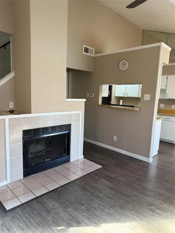 a living room with a fireplace