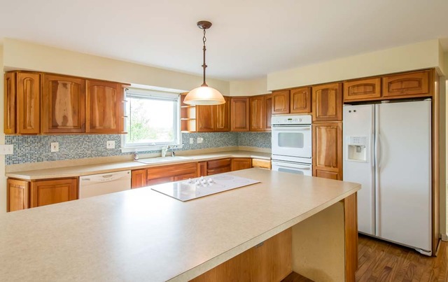 12N330 Switzer Road Elgin, IL 60124 - Photo 8 of 25 a kitchen with stainless steel appliances granite countertop a refrigerator a sink dishwasher a stove with white cabinets and wooden floor