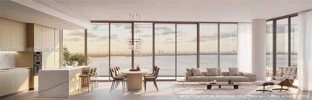a living room with furniture and floor to ceiling windows
