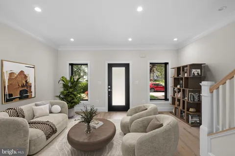 a living room with furniture and a potted plant