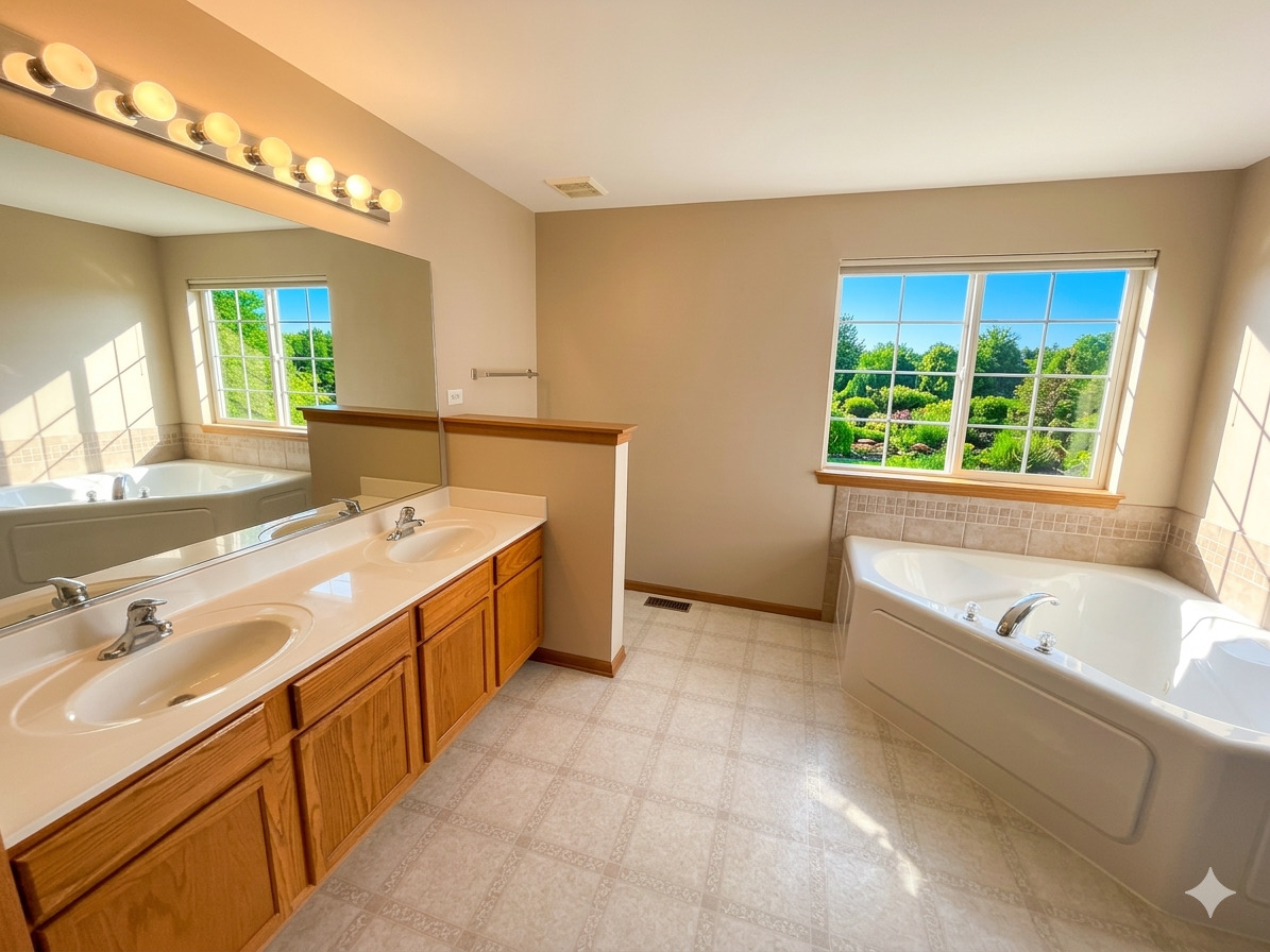 966 Forest View Way Antioch, IL 60002 - Photo 15 of 23 a bathroom with a tub double vanity sink and a large mirror