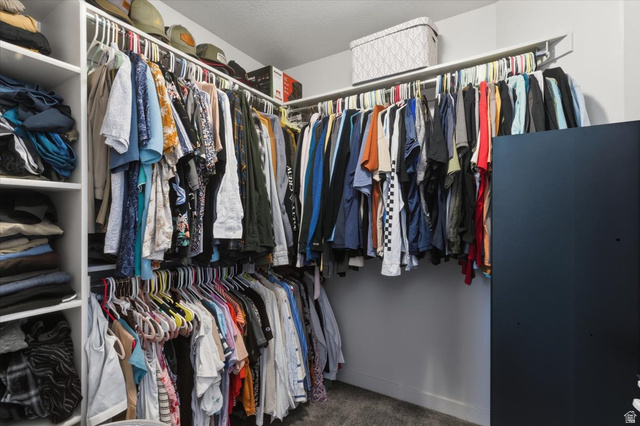 370 West Knights Lane Layton, UT 84041 - Photo 21 of 31 Walk-in closet featuring white built-in shelving, multiple hanging rods, and a carpeted floor