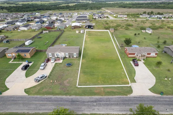 an aerial view of a pool