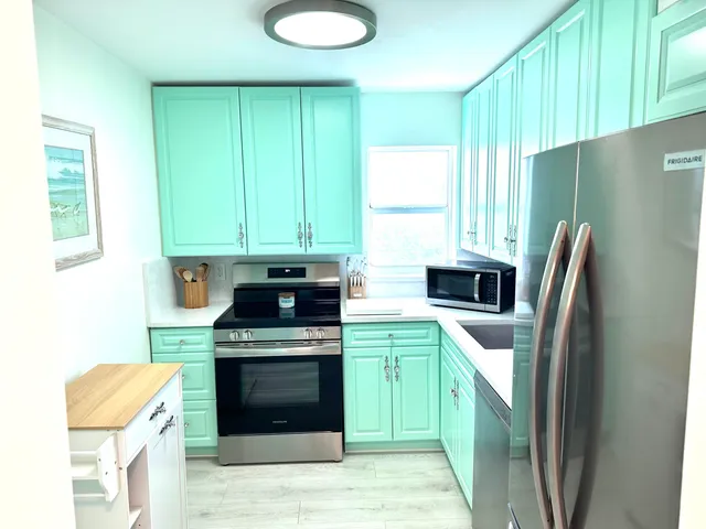 a kitchen with a stove a sink and a refrigerator