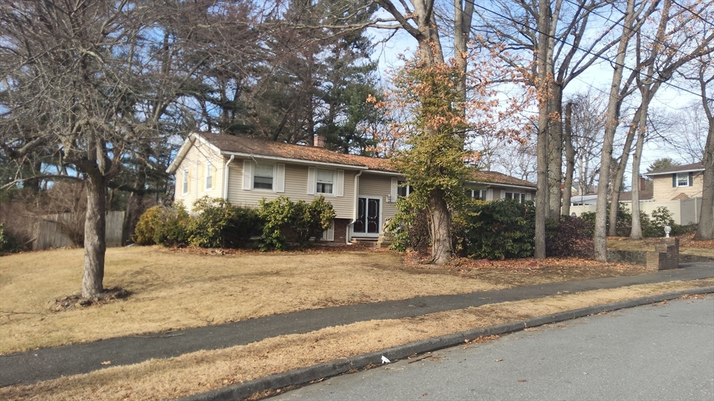 a front view of a house with a yard covered with snow and trees
