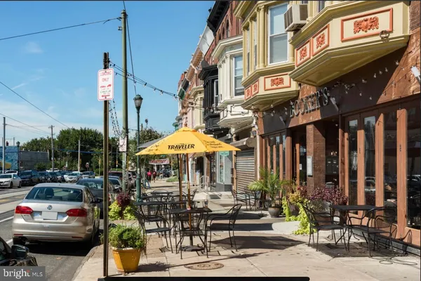 a view of a cafe with sitting area