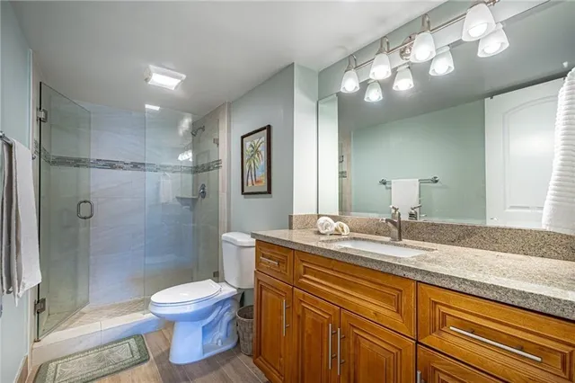 a bathroom with a granite countertop sink toilet a mirror a vanity and shower
