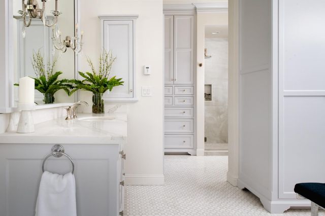 a bathroom with a sink a faucet a potted plant and a mirror
