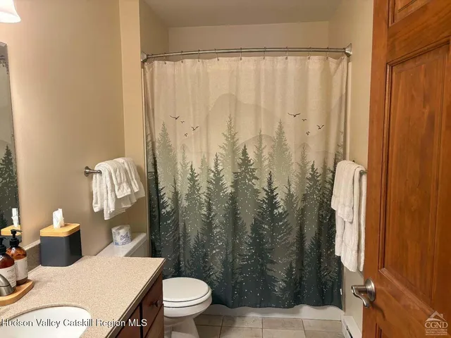a bathroom with a sink a toilet and shower curtain