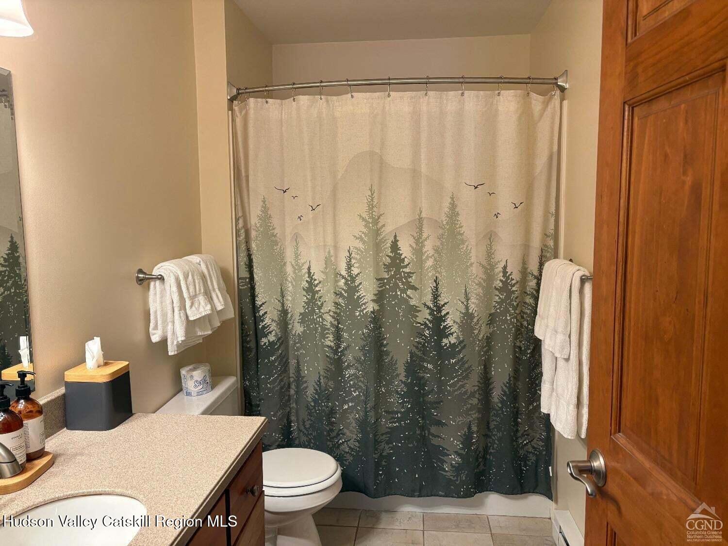 5220 Highway 23, Unit 126 Windham, NY 12496 - Photo 14 of 27 a bathroom with a sink a toilet and shower curtain