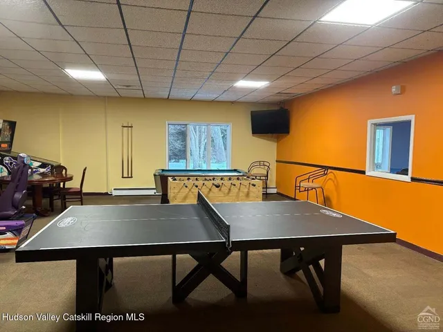 a view of a dining room with furniture