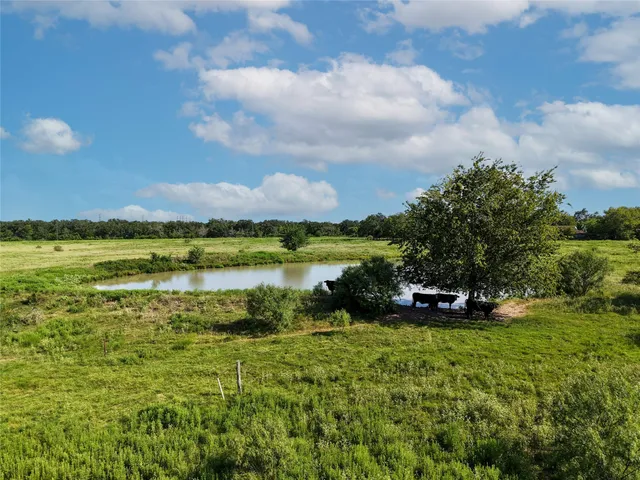 a view of a lake with houses in the back