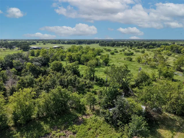an aerial view of houses covered in trees