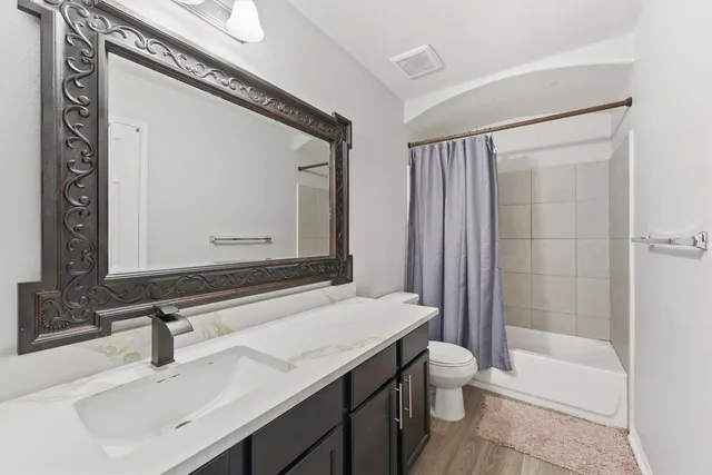 a bathroom with a sink a toilet and shower