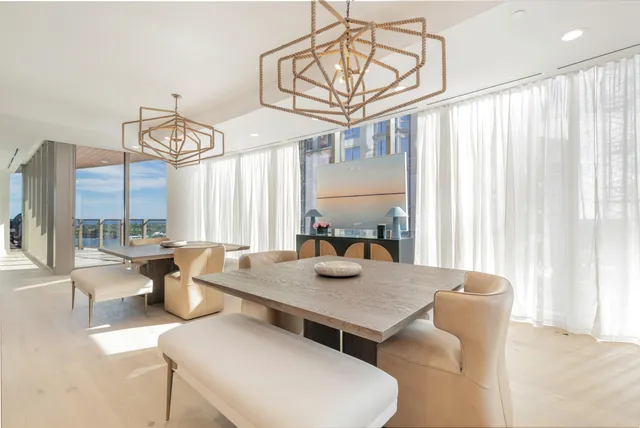 a living room with furniture a rug flowerpot and a chandelier