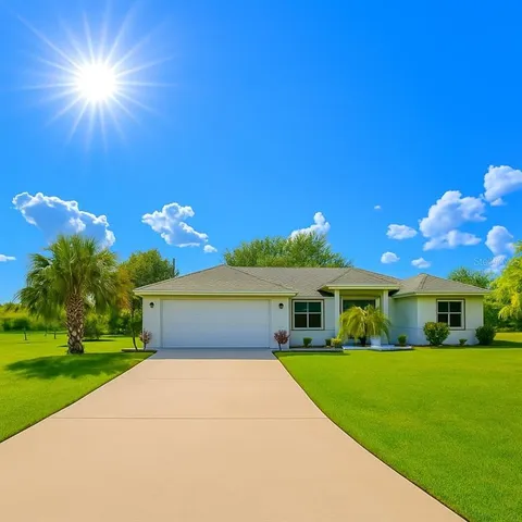 a front view of house with yard and green space
