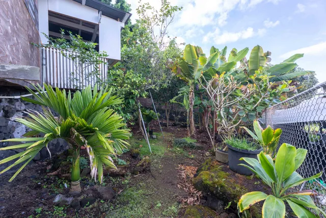an aerial view of a house with a yard and garden