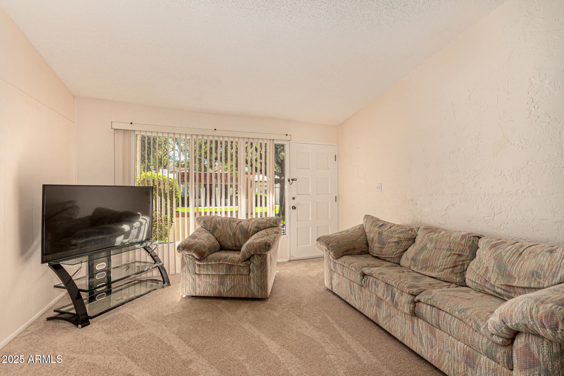 641 South Power Road, Unit 364 Mesa, AZ 85206 - Photo 7 of 32 a living room with furniture a flat screen tv and a floor to ceiling window