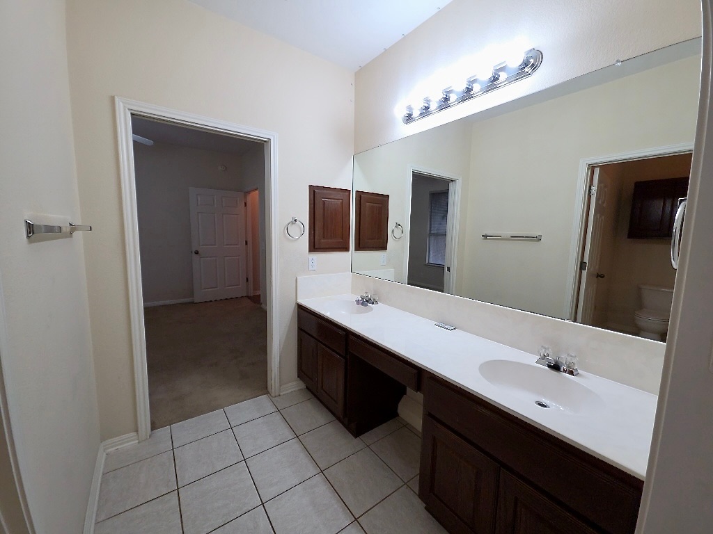 1103 Seton Hall Lane Pflugerville, TX 78660 - Photo 13 of 32 Bathroom featuring double vanity, light carpet, and light tile patterned floors