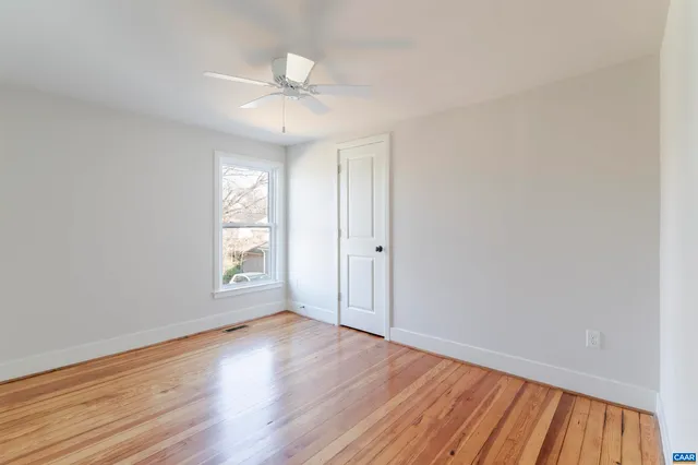 a living room with large trees and a wooden floor