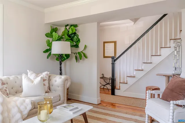 a living room with furniture and a potted plant