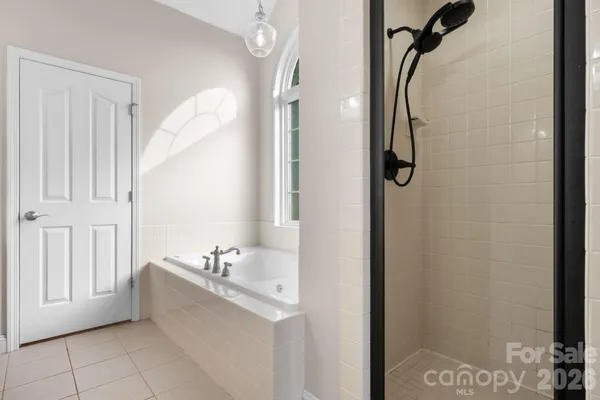 a bathroom with a bathtub and a shower