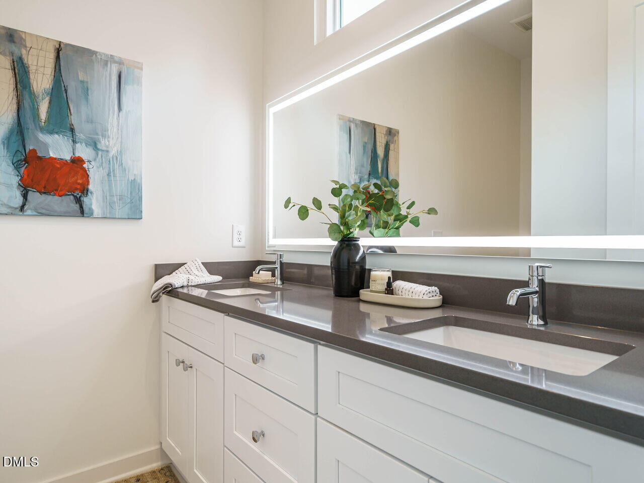 1527 Urban Trace Lane Raleigh, NC 27608 - Photo 17 of 37 a bathroom with a granite countertop sink and a mirror