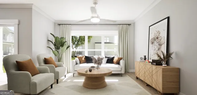 a living room with furniture and a large window