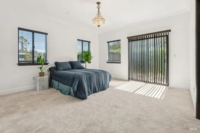 a view of a dining room with furniture and a potted plant