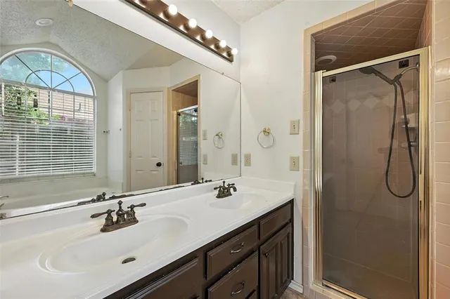 a bathroom with a sink a mirror a vanity and a shower
