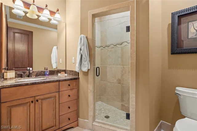 a bathroom with a shower a mirror and a sink