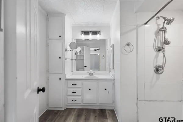 a bathroom with a shower sink and mirror