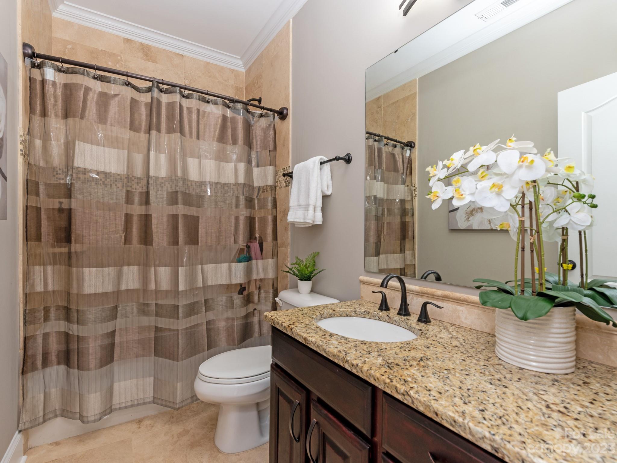 11510 Wheat Ridge Road Charlotte, NC 28277 - Photo 27 of 48 a bathroom with a granite countertop sink a toilet and shower