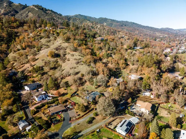 an aerial view of residential houses with outdoor space and trees