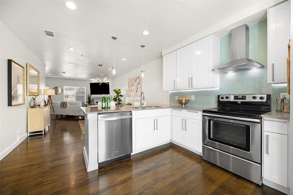 3922 Gilbert Avenue, Unit 214 Dallas, TX 75219 - Photo 3 of 27 Open-concept kitchen featuring white cabinetry, stainless steel appliances, a light blue tile backsplash, and a central island with an integrated dishwasher