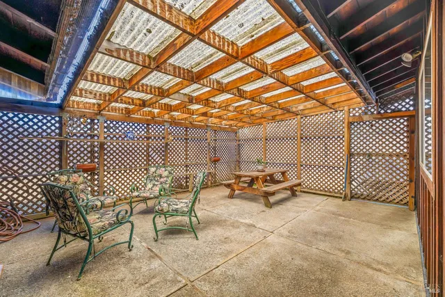 a building outdoor space with a bench