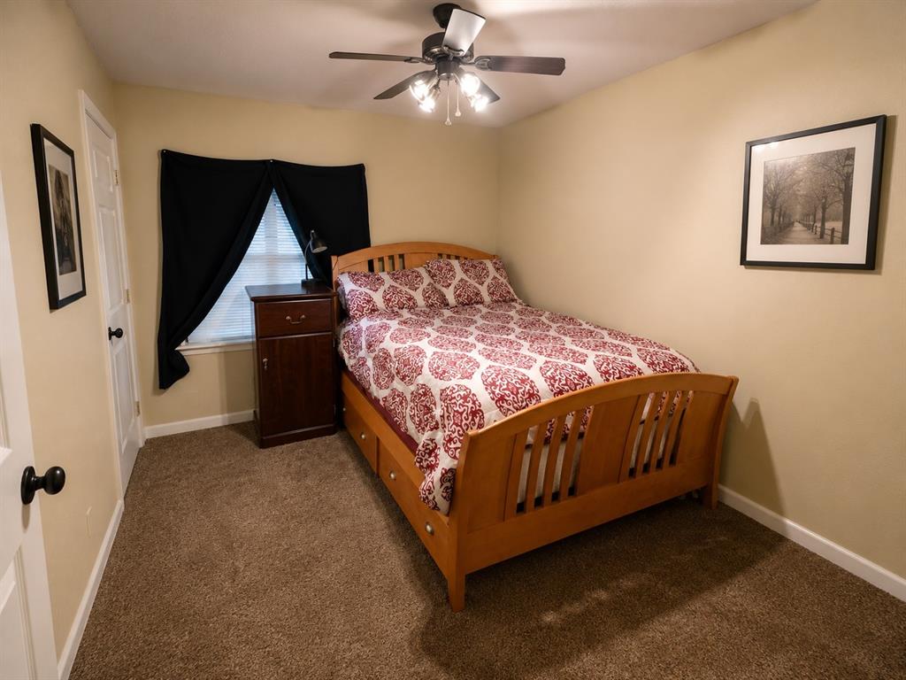 511 Rogers Road Newark, TX 76071 - Photo 21 of 22 Carpeted room featuring a ceiling fan with integrated lighting, a window with blinds, and light-toned walls