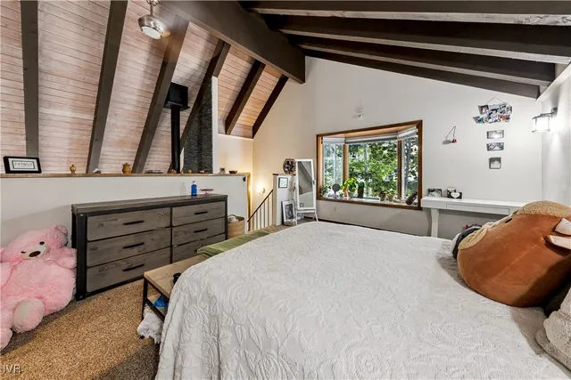 a view of a backyard with potted plants and large trees